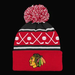 Faceoff Cuff Knit Beanie with pom Blackhawks - 24/25, supporter-lue, unisex - NHL Drakter & Tilbehør - Faceoff Cuff Knit Beanie with pom Blackhawks - 24/25, supporter-lue, unisex