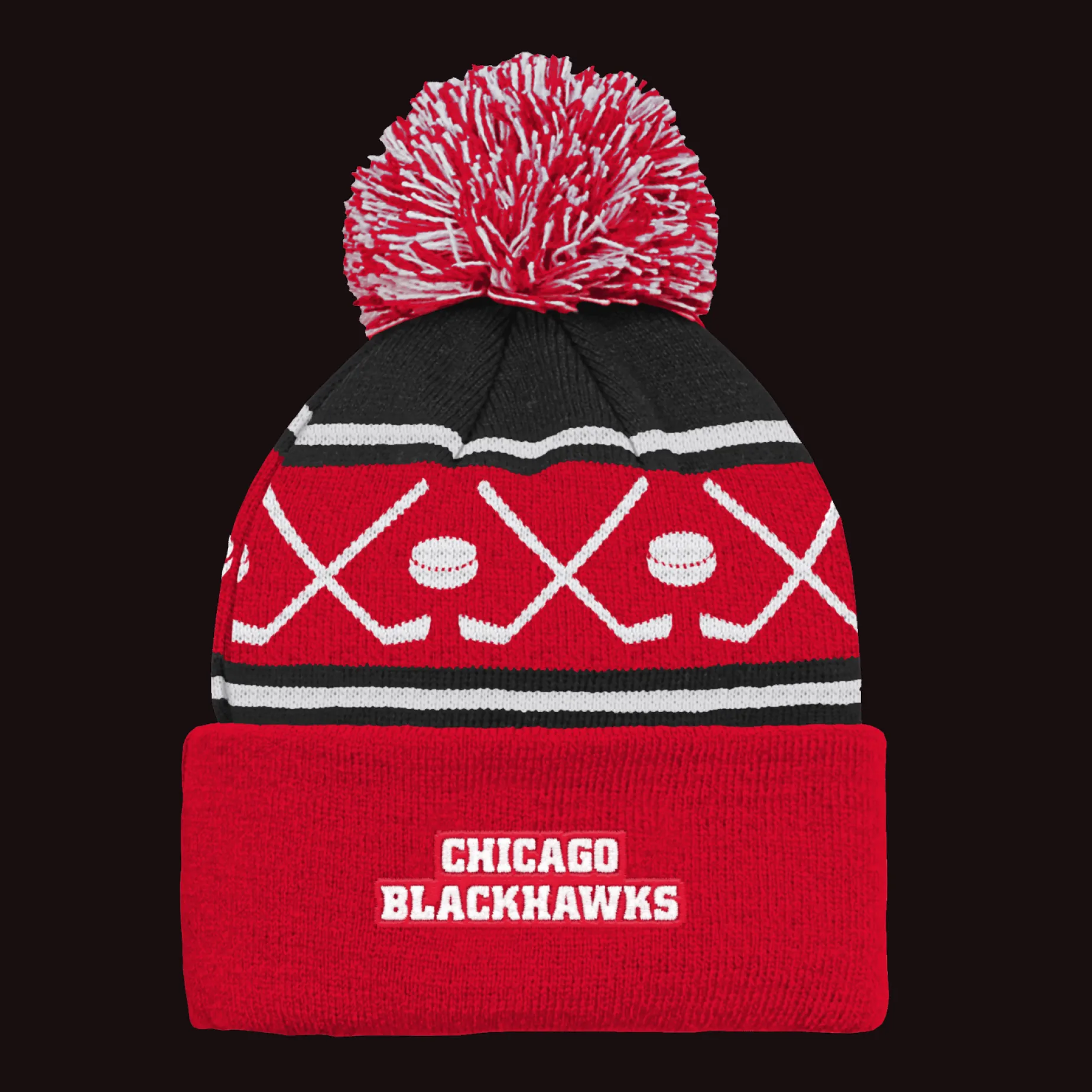 Faceoff Cuff Knit Beanie with pom Blackhawks - 24/25, supporter-lue, unisex - NHL Drakter & Tilbehør - Faceoff Cuff Knit Beanie with pom Blackhawks - 24/25, supporter-lue, unisex