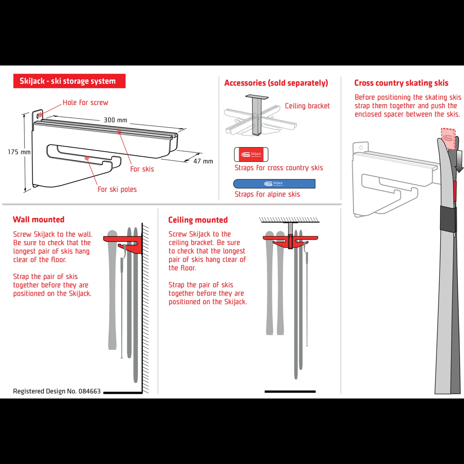 Skijack Skihanger Wall Red 300mm 24/25, skiopphengskroker - Langrennstilbehør - Skijack Skihanger Wall Red 300mm 24/25, skiopphengskroker